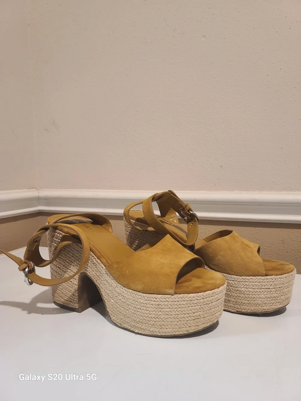 Marc Fisher Mustard Yellow Suede Platform Espadrille Sandals